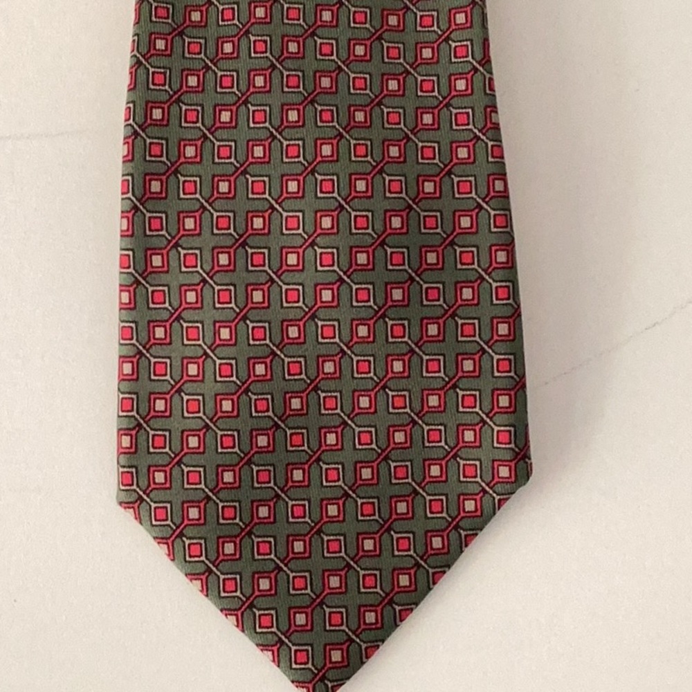💮HERMÈS Green/Gray and Red geometric design silk tie💮
